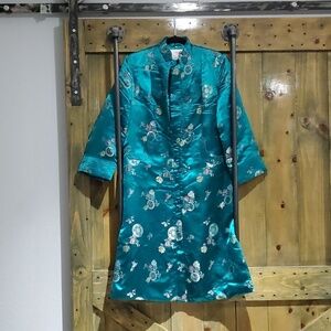 Asian PEONY SHANGHAI CHINA Oriental long coat, dress, kimono floral Frog Closure